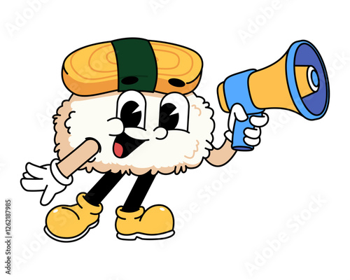 Retro sushi mascot logo, tamago sushi hold megaphone