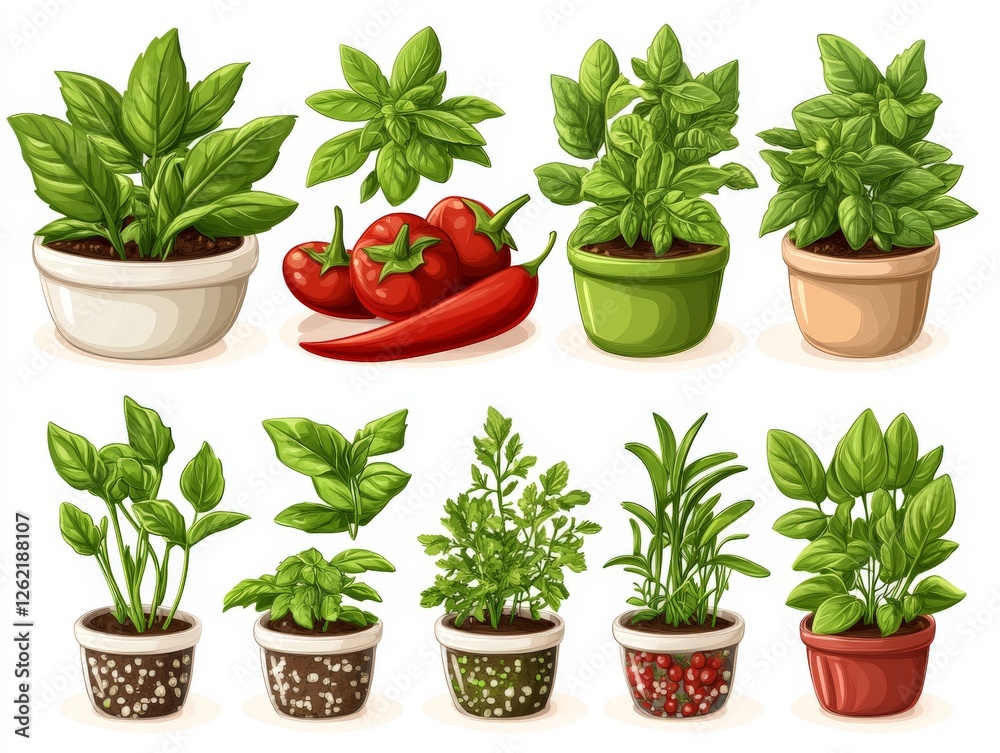 Obraz premium Fresh potted herbs including basil, parsley, and rosemary in vibrant arrangements, representing sustainable living, organic gardening, and eco friendly lifestyle choices