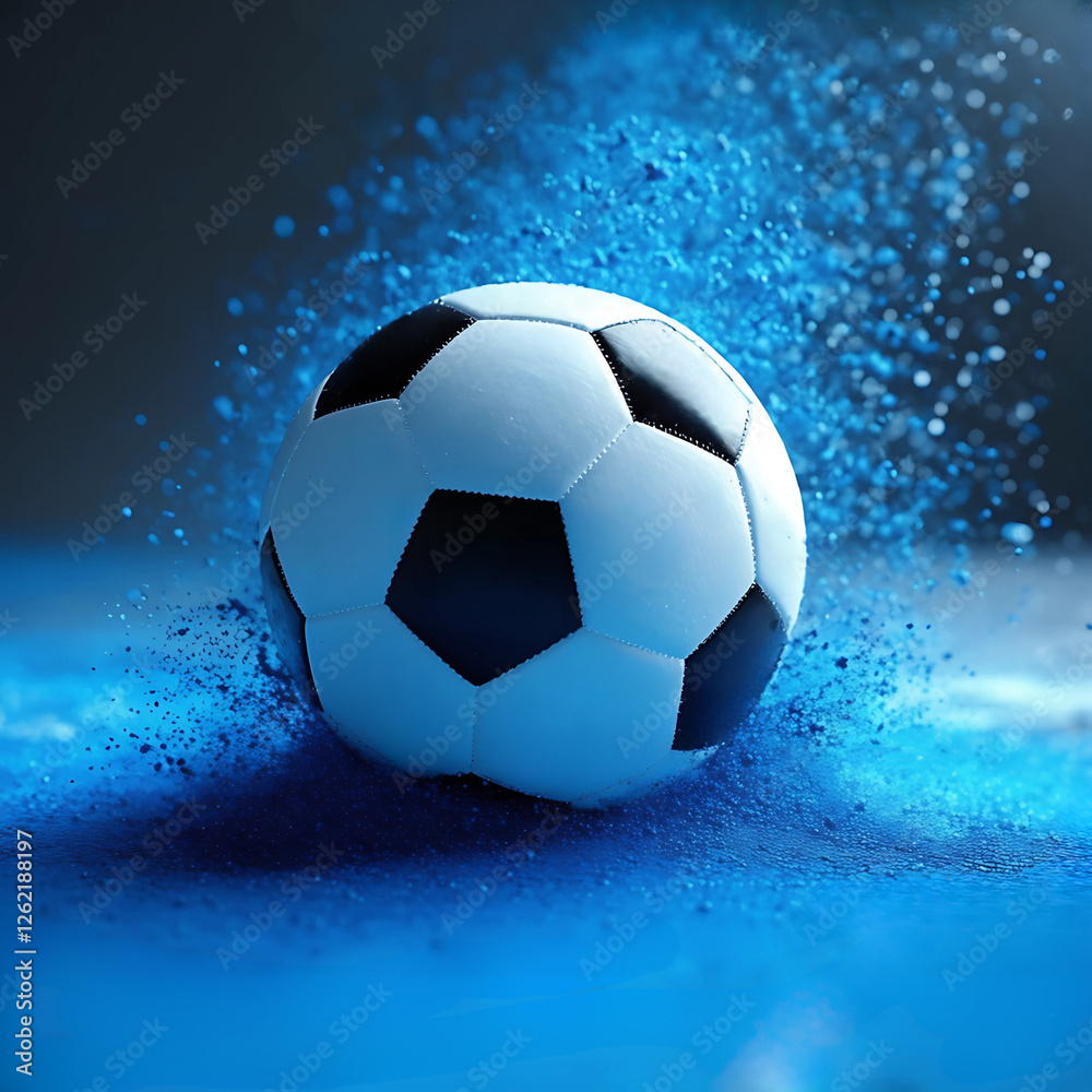 Naklejka premium Soccer ball strikes the surface, creating a dynamic splash of blue paint
