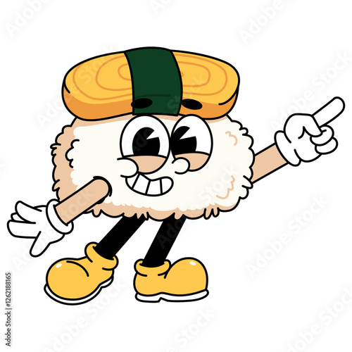 Retro sushi mascot logo, tamago sushi pointing with right hand