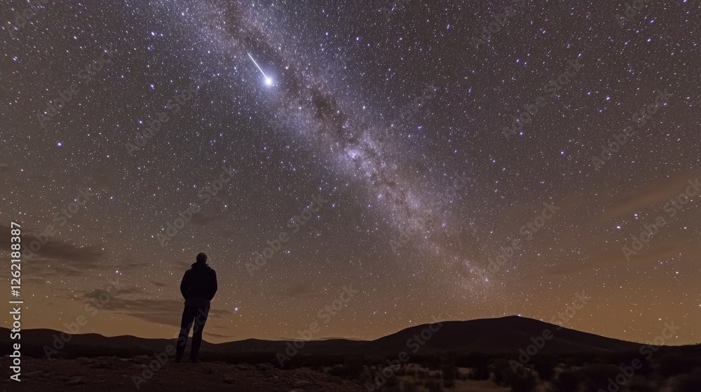 A silhouette of a person standing on a hill, gazing at a shooting star among millions of stars in a pristine dark sky reserve, A silhouette of a person standing on a hill, gazing at a shooting star among millions of stars in a pristine dark sky reserve,