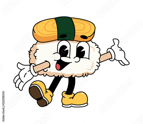 Retro sushi mascot logo, tamago sushi welcome pose