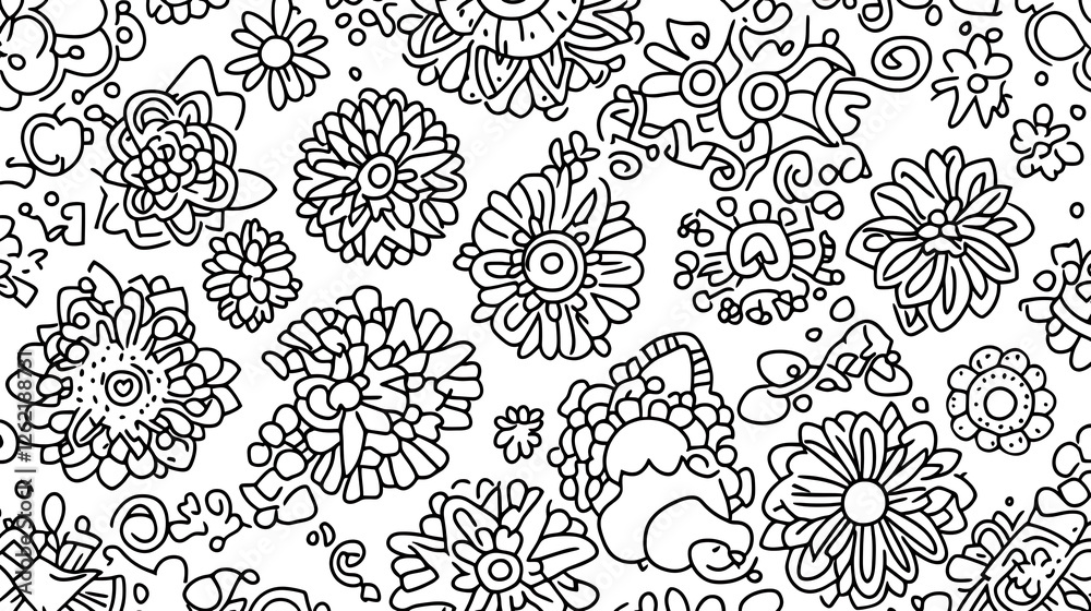 Fototapeta premium Whimsical Floral Pattern Featuring Ornate Botanical Illustrations and Stylized Elements Design
