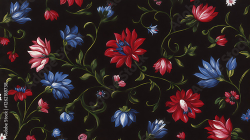 Whimsical Floral Arrangement with Red and Blue Blossoms on Black Background Pattern Decorative Theme photo