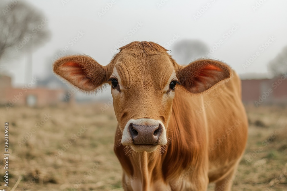 Young brown calf stares, rural farm, hazy day Young brown calf stares, rural farm, hazy day