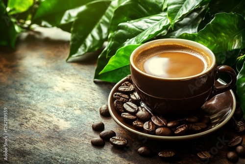 Aromatic coffee cup surrounded by coffee beans and green leaves on rustic table