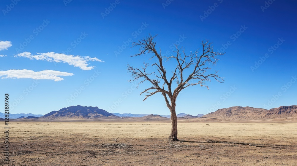 Lone dead tree in arid desert landscape under blue sky, mountains in background; nature photography Lone dead tree in arid desert landscape under blue sky, mountains in background; nature photography