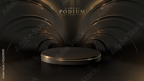 Empty black display stand with golden curves decorated with golden glow effect and bokeh on dark background, black luxury stage design idea.
