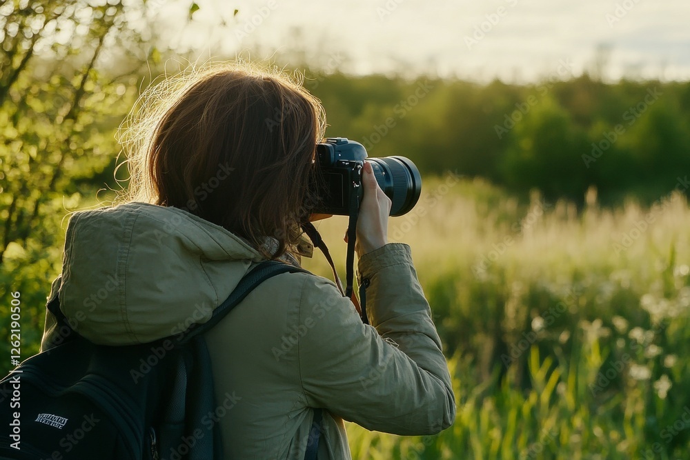 Female adult capturing nature photography in lush green landscape Female adult capturing nature photography in lush green landscape