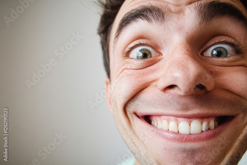 Close-up of smiling caucasian young male with wide eyes
