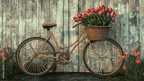 Vintage bicycle with a wicker basket full of tulips parked near a white picket fence in a cozy countryside setting. Generative AI.