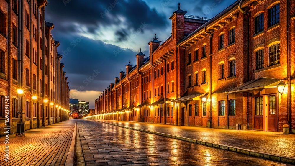 Fototapeta premium Yokohama Red Brick Warehouse Night View, Japan 2011 - Historic Architecture at Dusk
