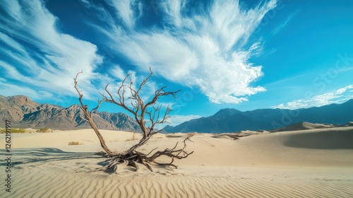 Desert landscape, dead tree, sand dunes, mountains, blue sky; travel poster