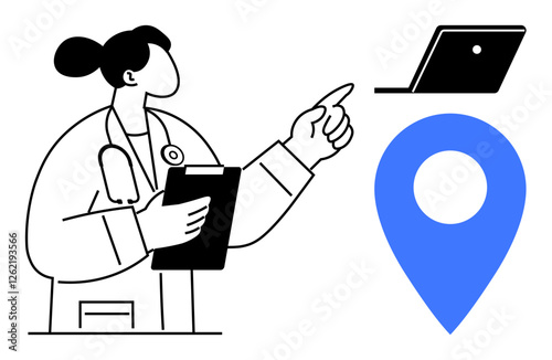 Healthcare professional holds a clipboard, pointing at laptop and blue location marker. Ideal for telemedicine, digital healthcare, online consultations, remote diagnosis, medical tech, virtual