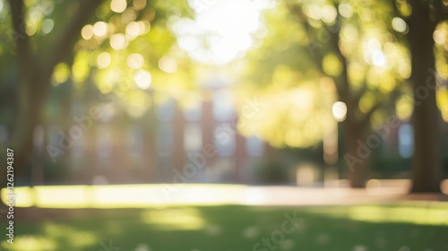 Soft blurred sunlit campus. College, school or university building background, educational backdrop, learning, back to study. September. Copy empty blank space mock up.