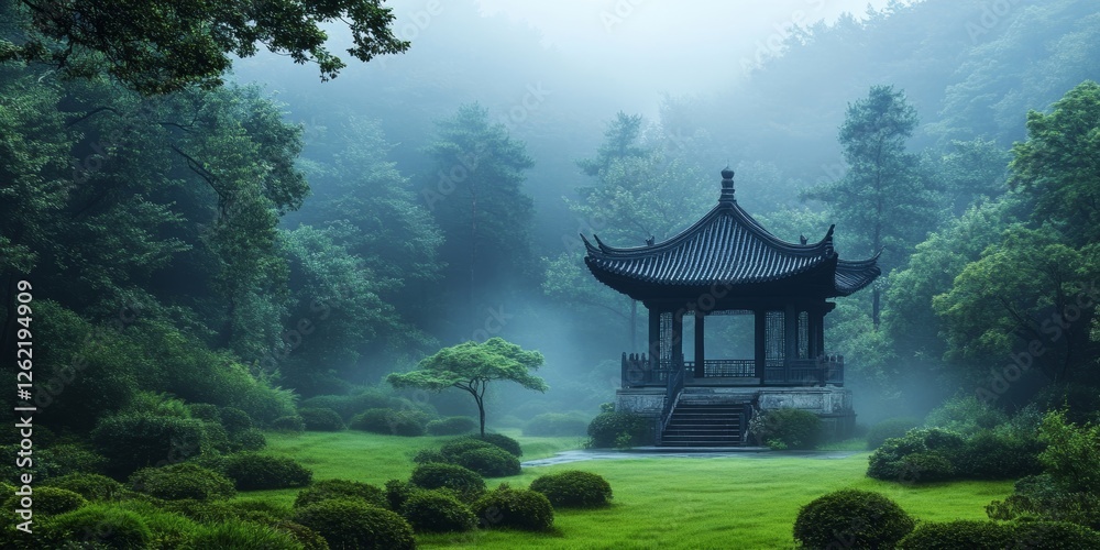 Obraz premium Serenity of the Ancient Temple: A Peaceful Forest in Fantasy China, Generative AI
