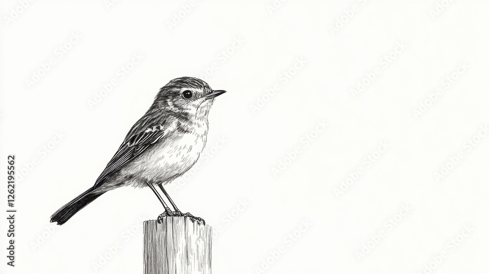 Fototapeta premium Intricate Sketch of a Small Bird Perched on a Wooden Post