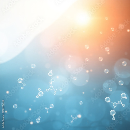 A bright, airy abstract background with transparent molecular structures floating against a gradient of light blue to warm orange, with soft bokeh lights.