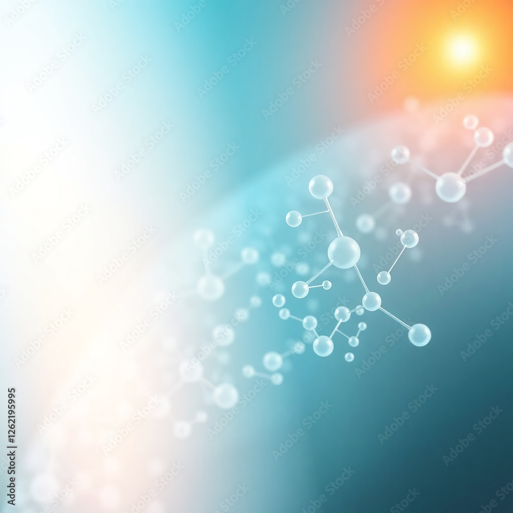A bright, airy abstract background with transparent molecular structures floating against a gradient of light blue to warm orange, with soft bokeh lights. A bright, airy abstract background with transparent molecular structures floating against a gradient of light blue to warm orange, with soft bokeh lights.