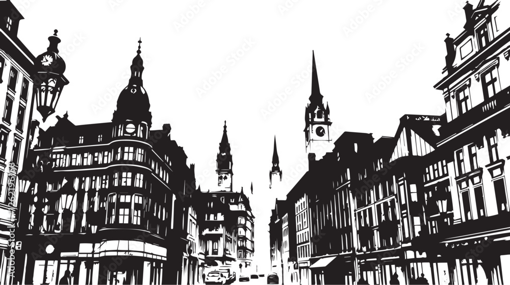 Naklejka premium Gothic City landscape. Different buildings on street, outline cityscape hand sketch, flat houses. Hand drawn vector illustration