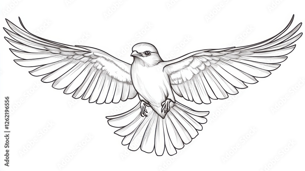 Detailed Line Art Drawing of a Bird in Flight with Wings Spread Detailed Line Art Drawing of a Bird in Flight with Wings Spread