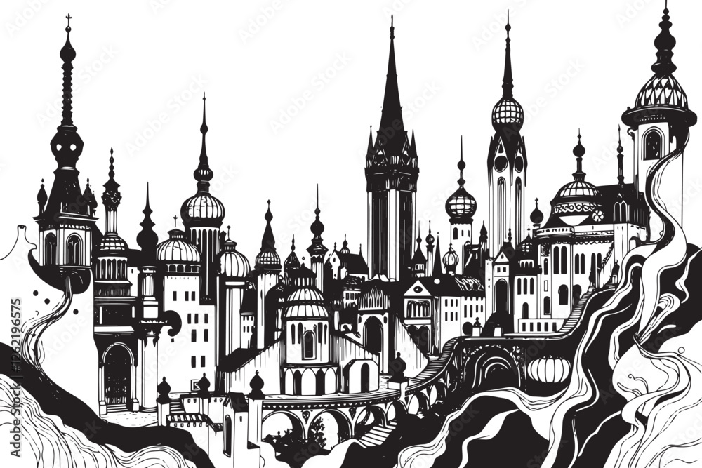 Gothic City landscape. Different buildings on street, outline cityscape hand sketch, flat houses. Hand drawn vector illustration Gothic City landscape. Different buildings on street, outline cityscape hand sketch, flat houses. Hand drawn vector illustration