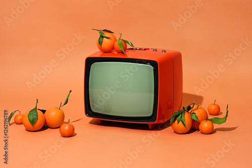 Retro orange old television and oranges