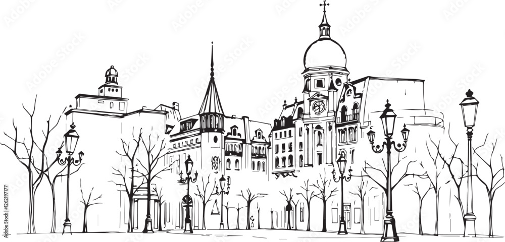 Obraz premium Gothic City landscape. Different buildings on street, outline cityscape hand sketch, flat houses. Hand drawn vector illustration