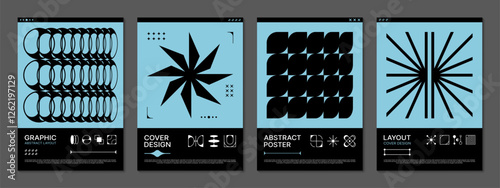 Vertical brutal y2k posters with geometric shapes. Abstract vector modern creative templates featuring faded blue and black colors creating contemporary graphic design for retro y2k art exhibitions