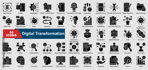 Digital Transformation collection set. Data Science, Ewallet, Digitalization, Digital Transformation, Electronic Id, Geospatial Technology, Productivity, Digital Economy, Remote Maintenance, Digital S