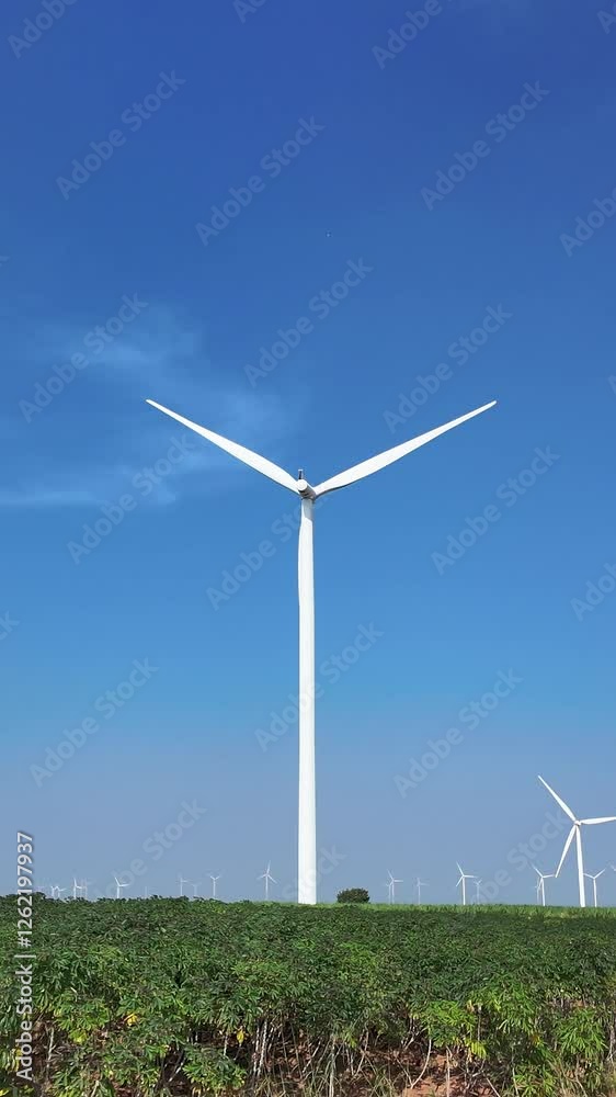 Towering wind turbine generates renewable energy against clear blue sky. Representing sustainability, green tech, clean power. Highlights eco-friendly innovation for a better future. Vertical 4k video Towering wind turbine generates renewable energy against clear blue sky. Representing sustainability, green tech, clean power. Highlights eco-friendly innovation for a better future. Vertical 4k video