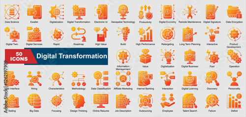 Digital Transformation collection set. Data Science, Ewallet, Digitalization, Digital Transformation, Electronic Id, Geospatial Technology, Productivity, Digital Economy, Remote Maintenance, Digital S
