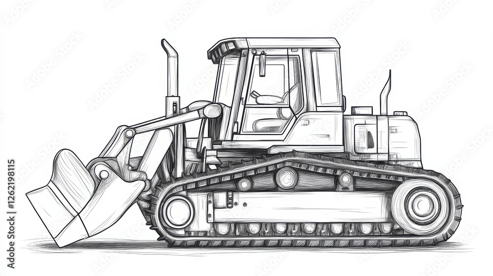 Naklejka premium Detailed Sketch of a Bulldozer in Side View for Technical Illustration