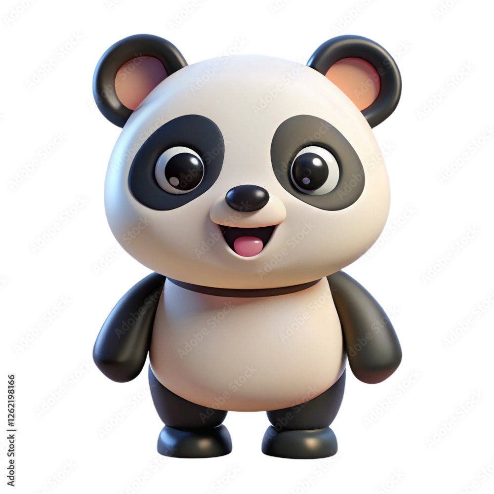 Naklejka premium Adorable 3D Panda Cub: A charming, cartoon-style 3D rendered panda cub, with big, expressive eyes and a joyful smile, standing against a clean background. Perfect for children's illustrations.