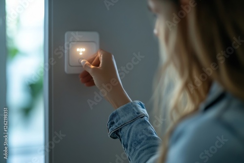 Woman adjusting lighting with dimmer lever, closeup. An electronic device designed to change electrical power, Generative AI
