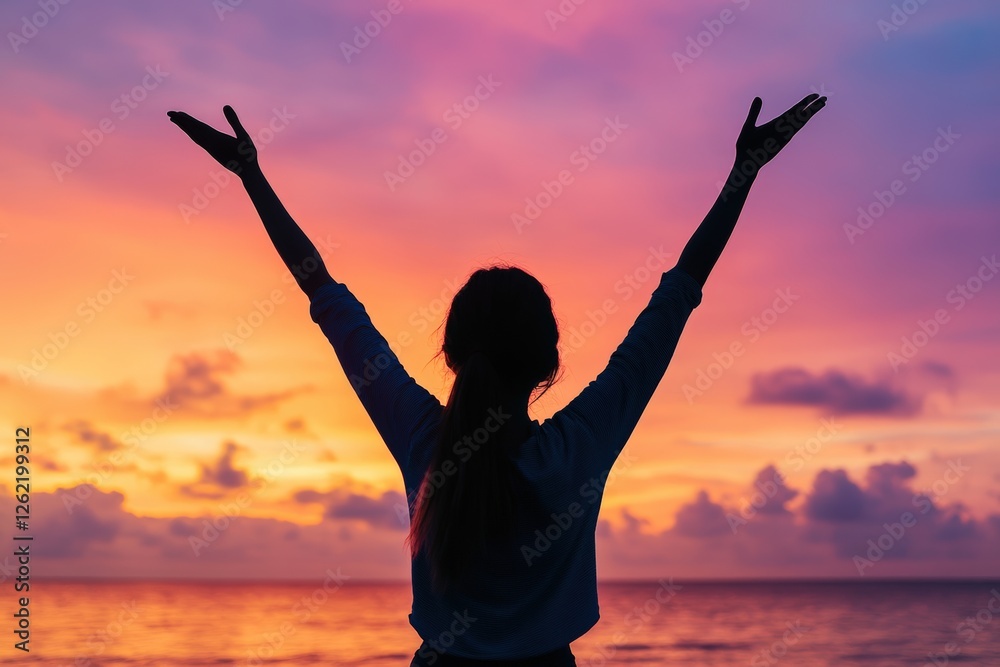 Fototapeta premium Silhouette of woman with outstretched arms at vibrant sunset by the sea