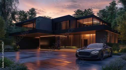 Luxury car parked in front of a modern mansion at dusk