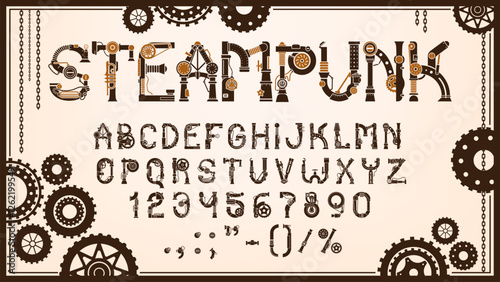 Steampunk gear font or mechanic type and machine English alphabet, vector typeface. Steampunk ABC letters of retro type or typeface with steam machine mechanic gears, cogwheels and chains typography