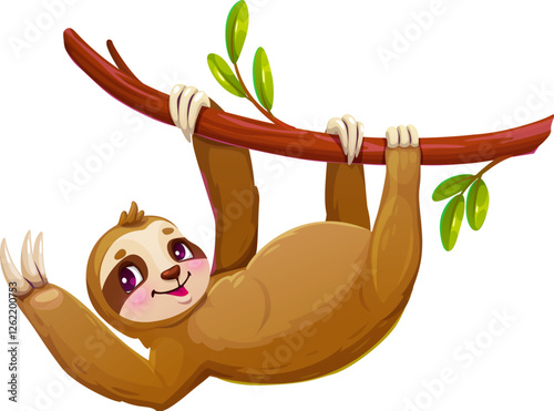 Cartoon lazy sloth animal, funny, cute character hanging from tree branch happily waving and radiating positivity. Cheerful tropical creature with big grin. Isolated vector personage for book or game