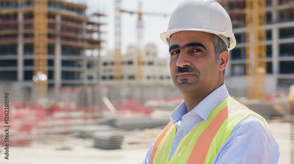 A middle aged man stands confidently at a construction site, wearing a safety helmet and reflective vest, embodying professionalism and dedication in the building industry. A middle aged man stands confidently at a construction site, wearing a safety helmet and reflective vest, embodying professionalism and dedication in the building industry.