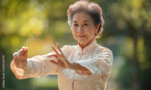 Senior Community Events seniors Asian woman do Tai Chi in Class exercise outdoor, Generative AI