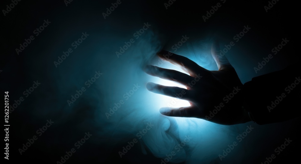 Mysterious hand reaching through glowing blue mist in dark atmosphere Mysterious hand reaching through glowing blue mist in dark atmosphere