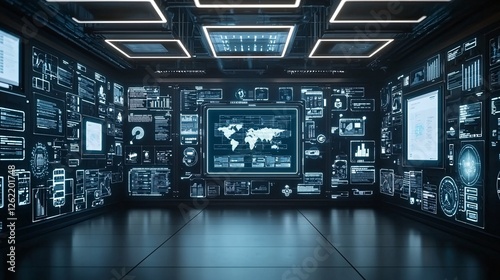 Wallpaper Mural A futuristic VR gaming room with glowing holographic interfaces, an immersive high-tech world, multisensorial engagement, neon cyber aesthetics, sharp detail, cinematic lighting, copyspace Torontodigital.ca