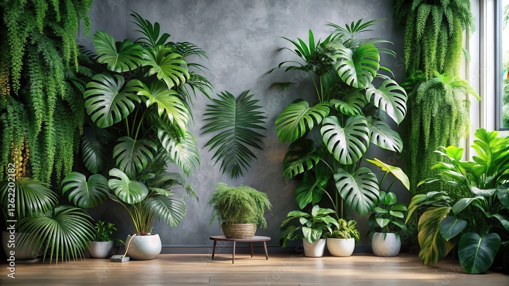 Lush Indoor Jungle A Serene Arrangement of Tropical Foliage Against a Textured Wall