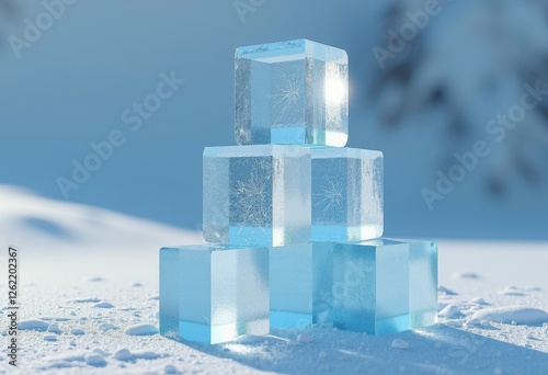 3D Render: Winter Scene with Blue Ice Cubes on Snowy Groundscape. A stack of ice cubes sitting on top of snow covered ground. photo