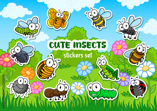Cartoon funny googly insect characters stickers pack. Vector patches with cute pests, bee, ladybug, butterfly, ant or dragonfly, caterpillar, spider, mosquito and beetle or bug on field with flowers