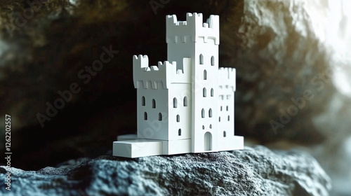 A small, white castle model with detailed battlements and arched windows sits atop a textured rock, surrounded by soft light, evoking the medieval charm of Irish fortresses and folklore. photo