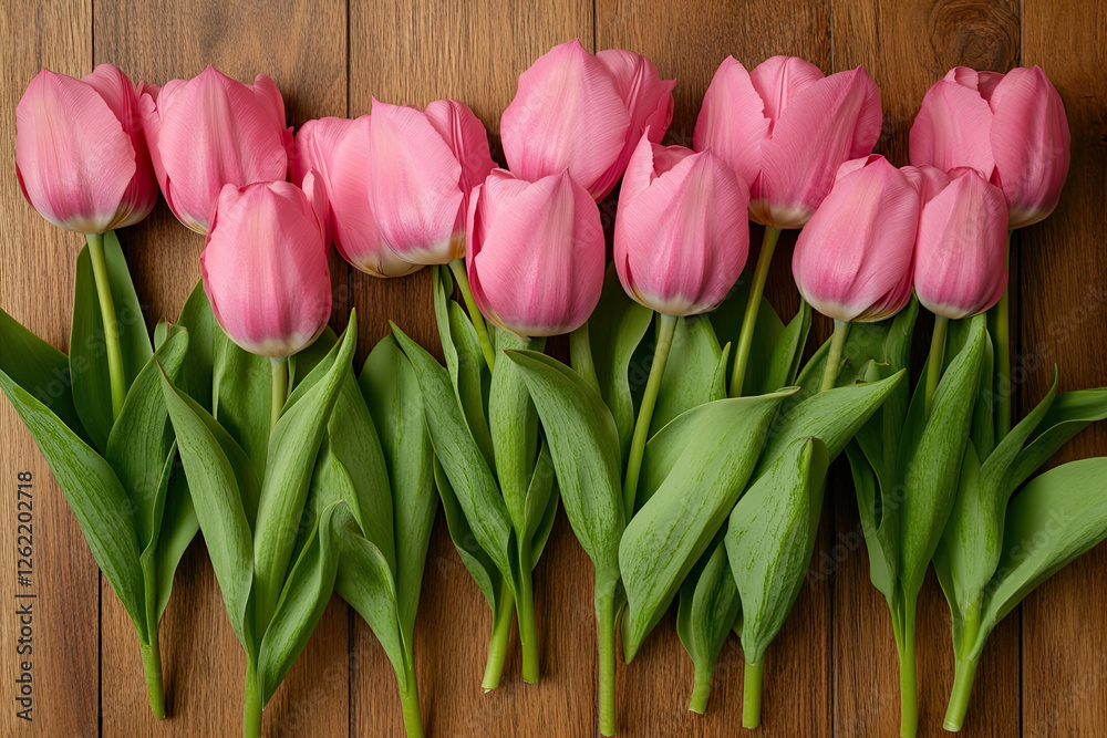 A Row of Pink Tulips on a Wooden Surface A Stunning Floral Arrangement of Spring Blossoms A Row of Pink Tulips on a Wooden Surface A Stunning Floral Arrangement of Spring Blossoms