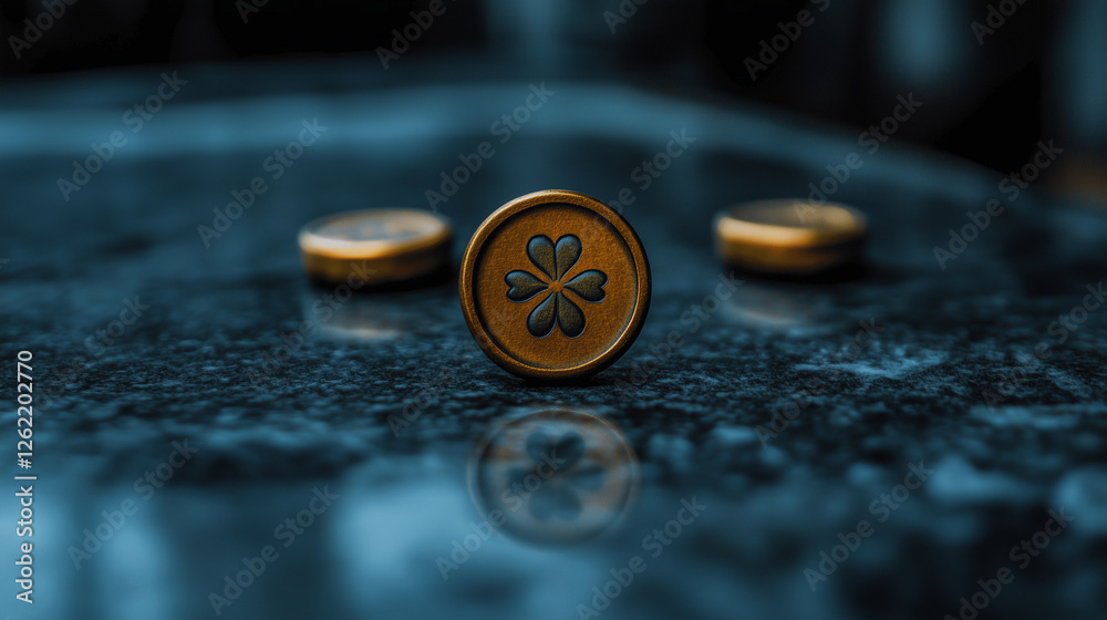 A detailed golden coin featuring a shamrock engraving stands upright on a reflective marble surface, symbolizing luck, fortune, and Saint Patrick’s Day traditions in an artistic and elegant style. A detailed golden coin featuring a shamrock engraving stands upright on a reflective marble surface, symbolizing luck, fortune, and Saint Patrick’s Day traditions in an artistic and elegant style.