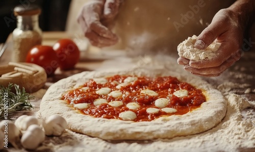 Raw dough for pizza preparation placing ingredients on pizza base spreading rich tomato sauce evenly over the stretched pizza dough, Generative AI